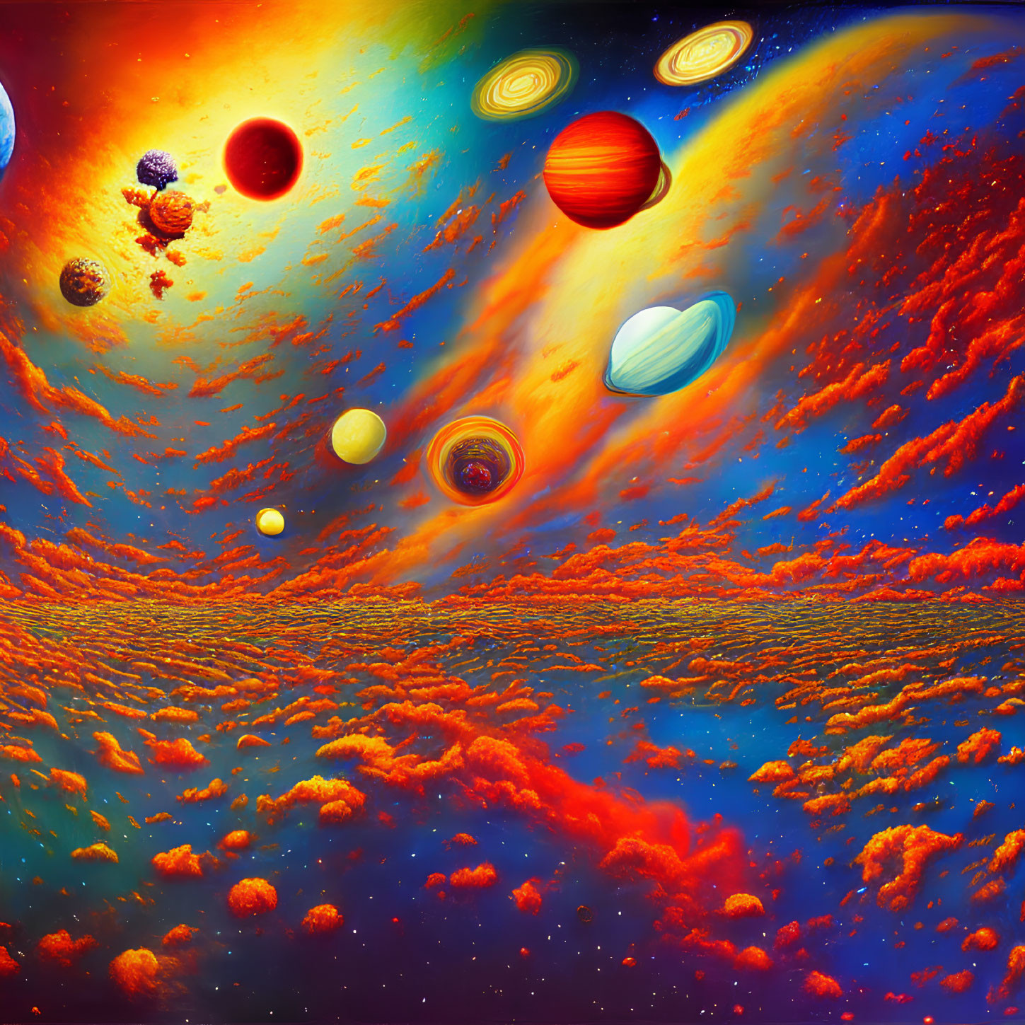 Colorful Nebulae and Planets in Space Scene