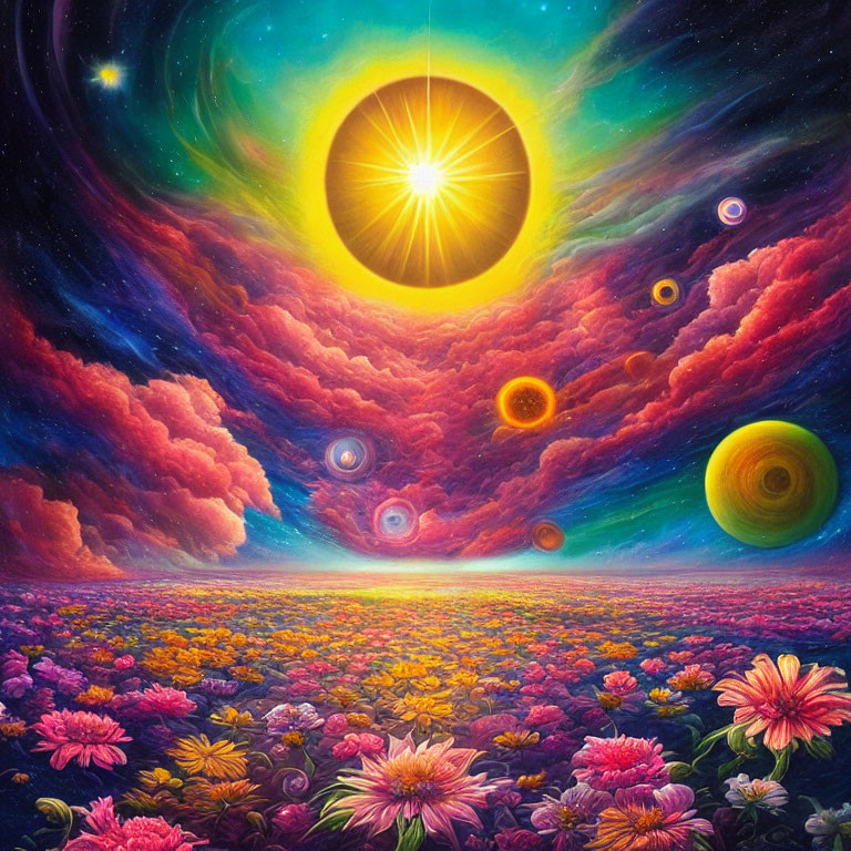 Colorful Flower Field Under Cosmic Sky with Planets and Stars