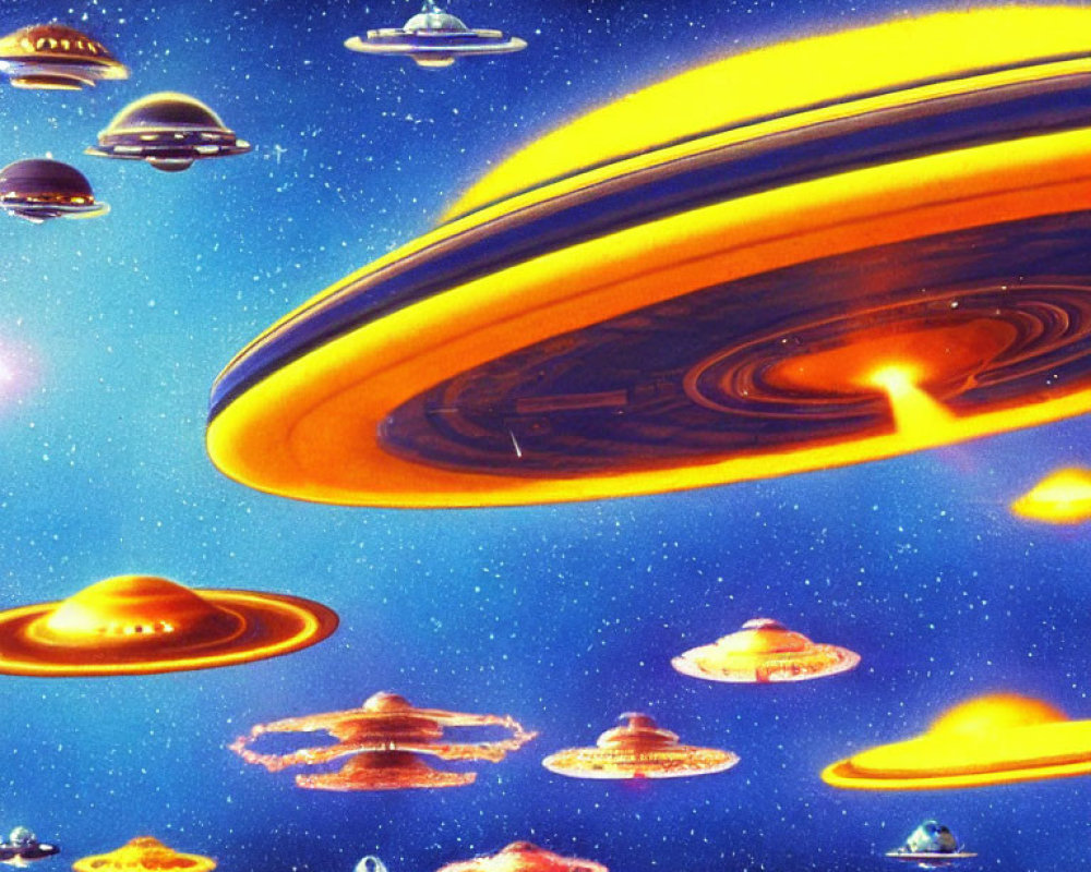 Colorful sci-fi scene: fleet of flying saucers near ringed planet in space