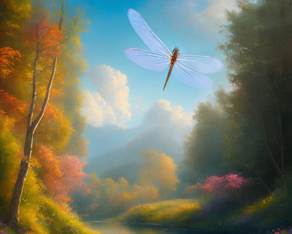 Colorful dragonfly over forest stream with autumn sunlight.