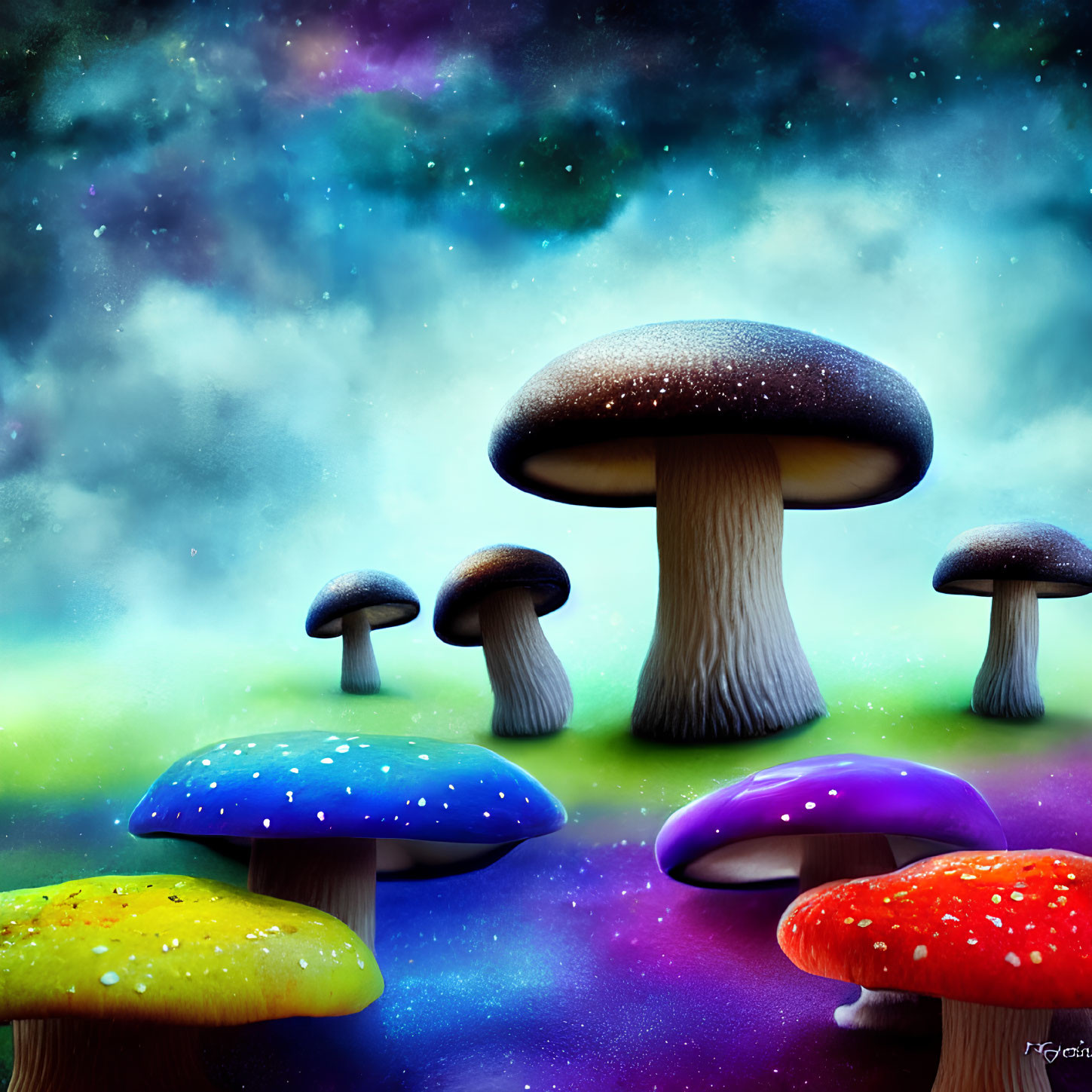 Fantasy-style colorful mushrooms on vibrant nebula background