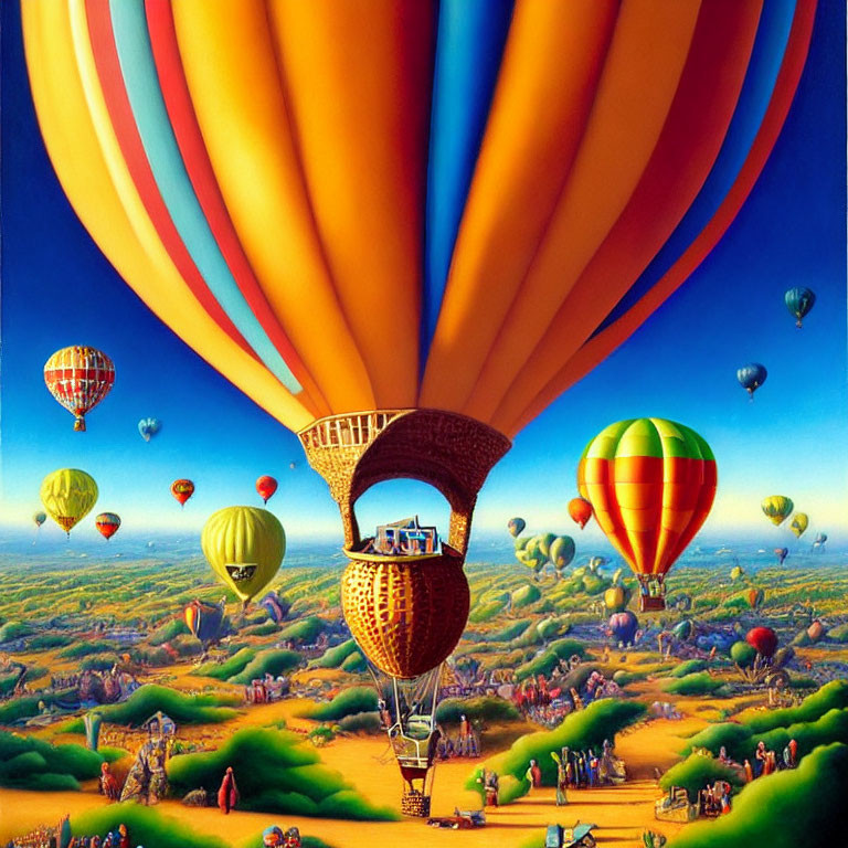 Colorful hot air balloon painting over patchwork landscape with tiny figures