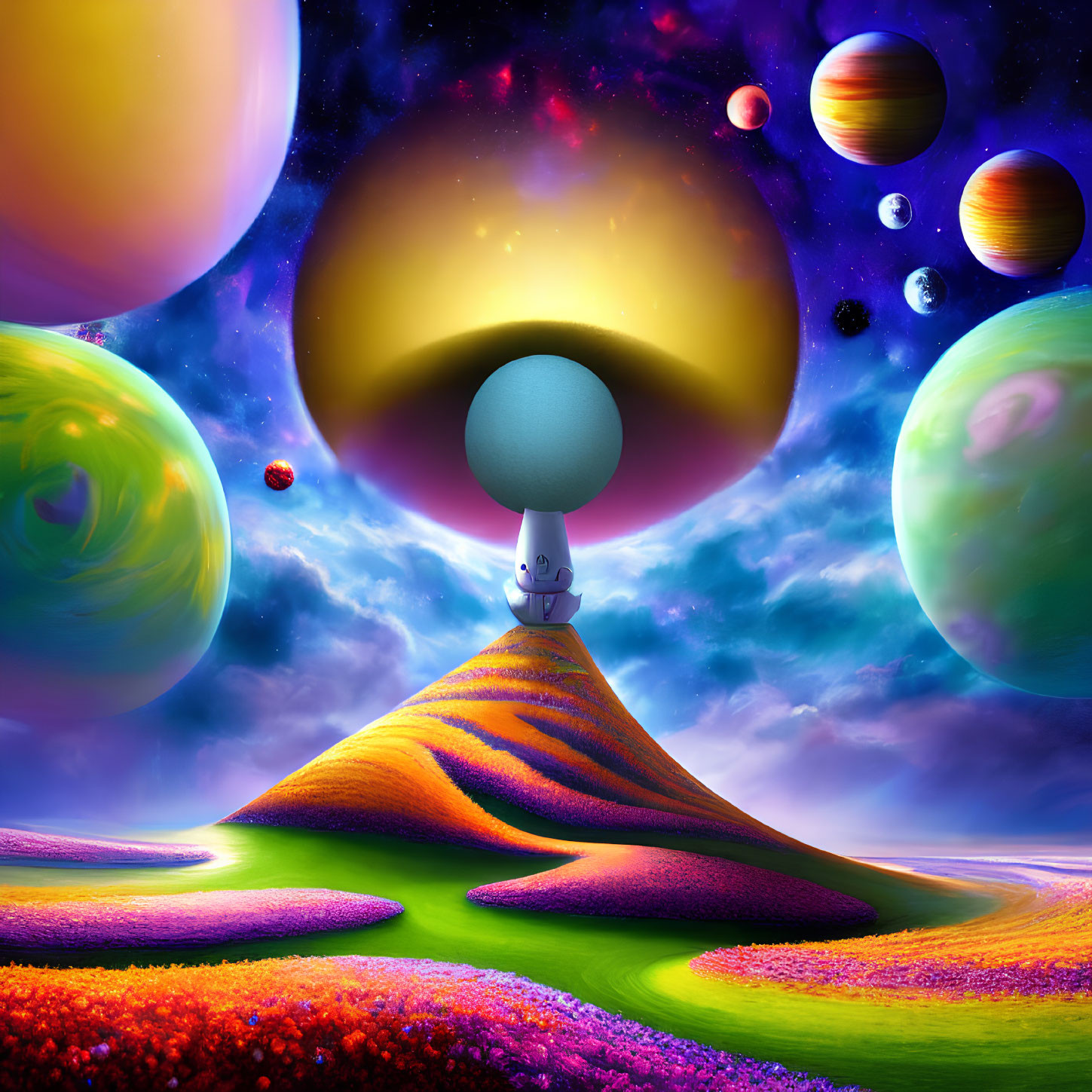 Colorful Landscape with Character and Planets in Dreamlike Sky
