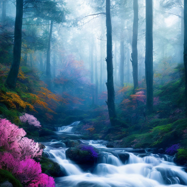 Mystical forest scene with cascading stream and vibrant foliage