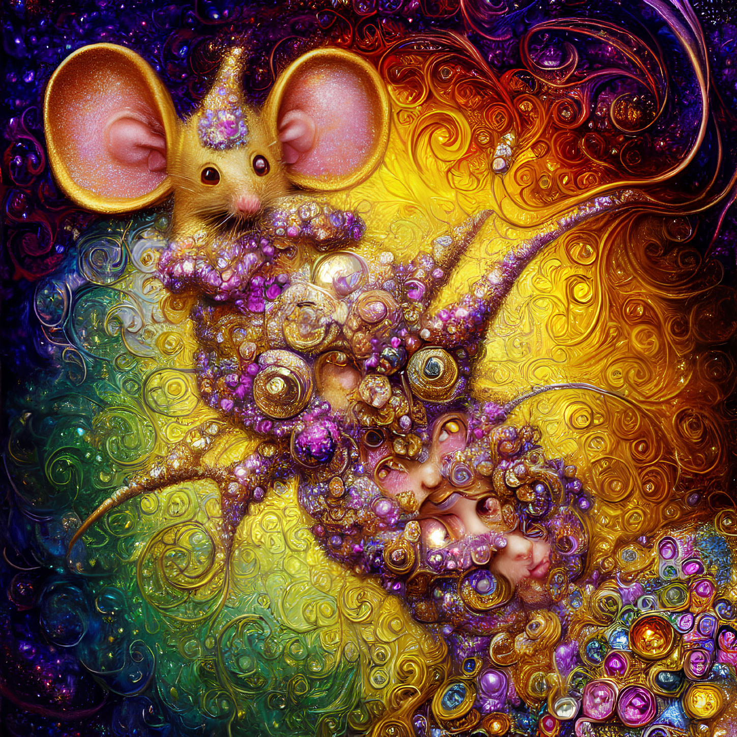 Colorful Illustration: Whimsical Mouse with Large Ears in Sparkling Setting