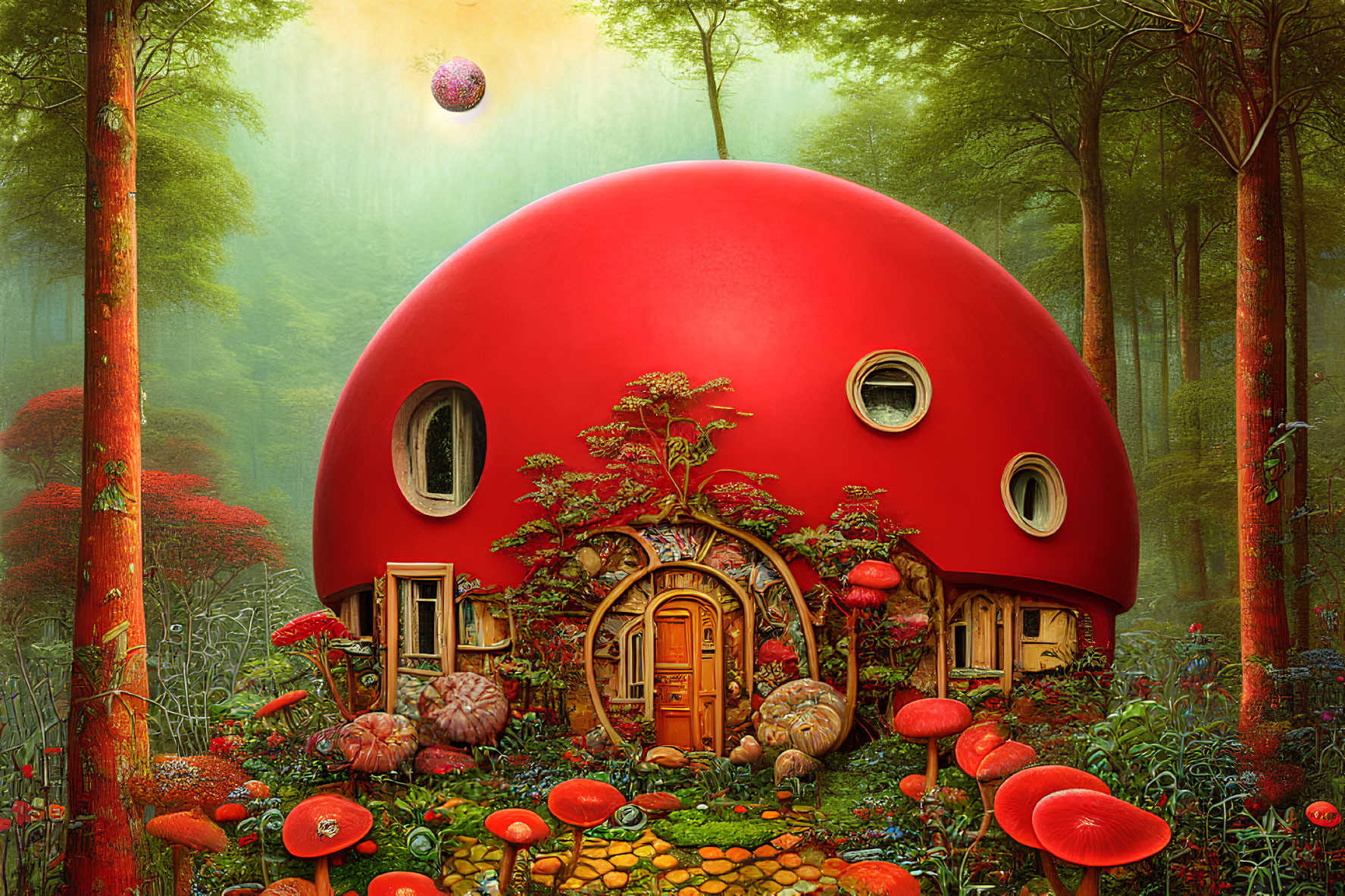 Red Mushroom House Surrounded by Lush Forest and Colorful Plants