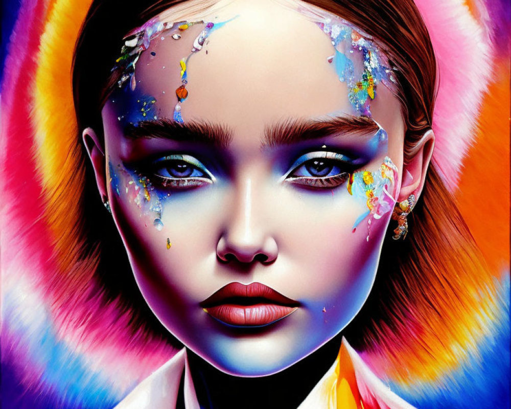 Colorful digital portrait of woman with rainbow hair and glitter paint splashes.