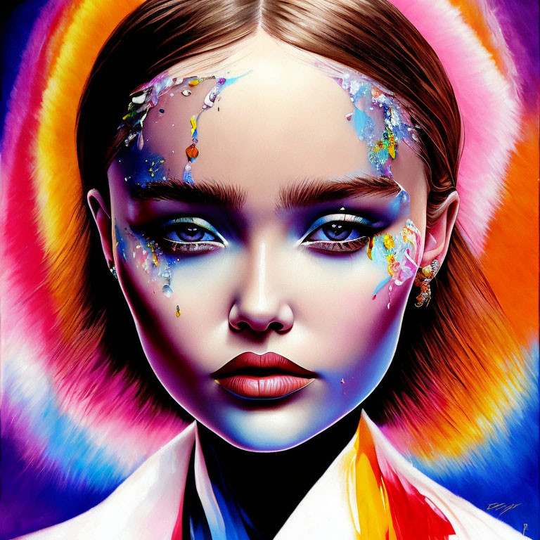 Colorful digital portrait of woman with rainbow hair and glitter paint splashes.
