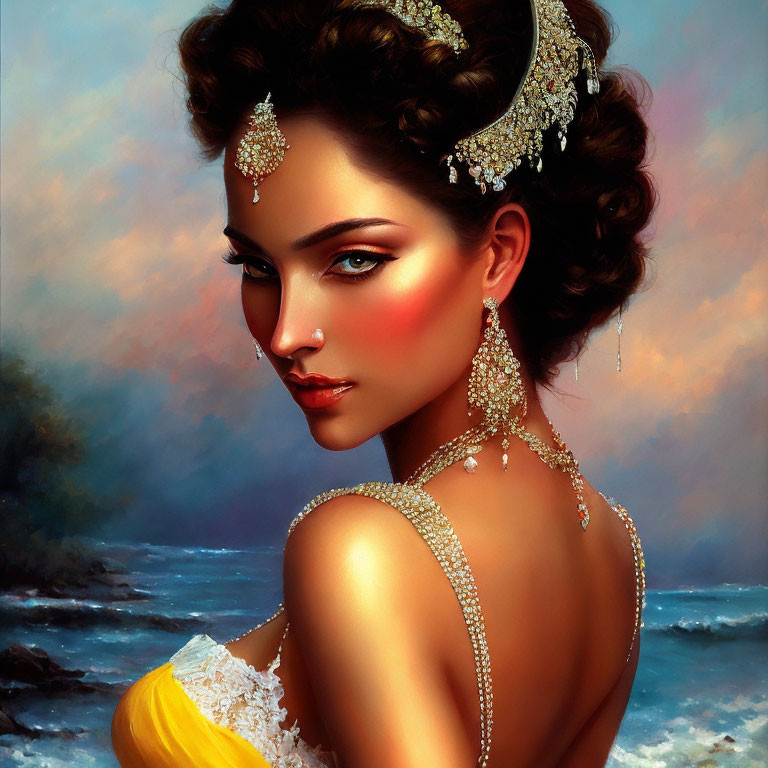Striking woman with intricate jewelry on soft, impressionistic background