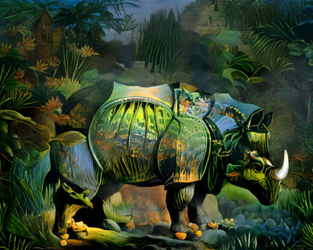 Intriguing painting of transparent rhinoceros with lush green landscape