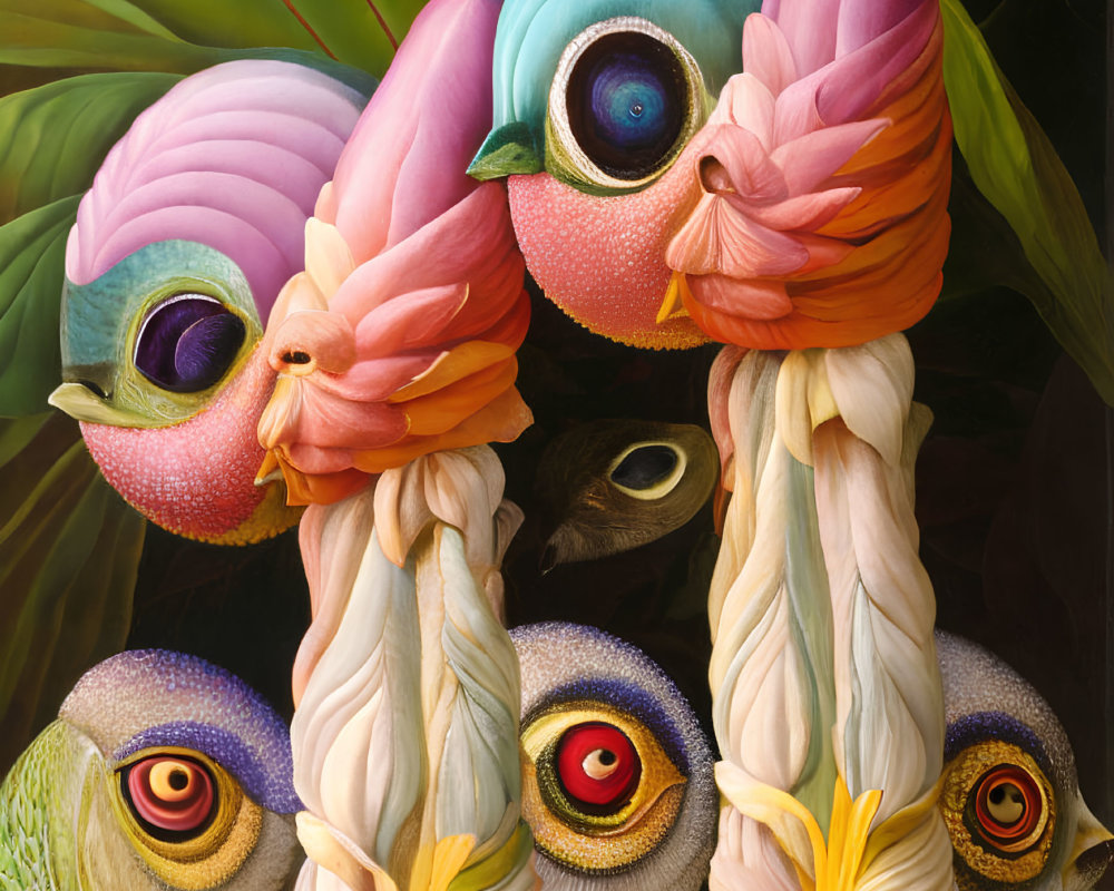 Colorful anthropomorphic bird creatures in surreal tropical painting