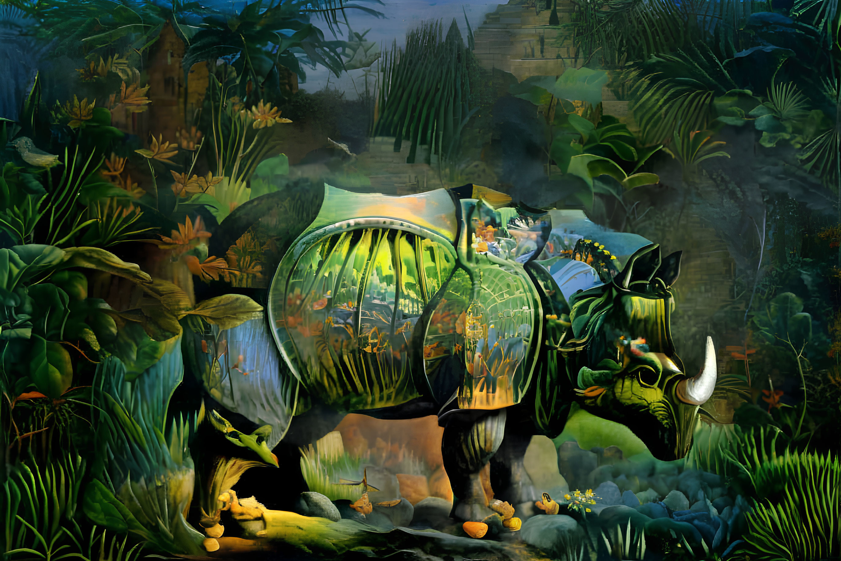 Intriguing painting of transparent rhinoceros with lush green landscape