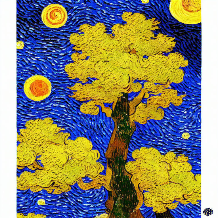 Starry Night Painting with Crescent Moon and Tree