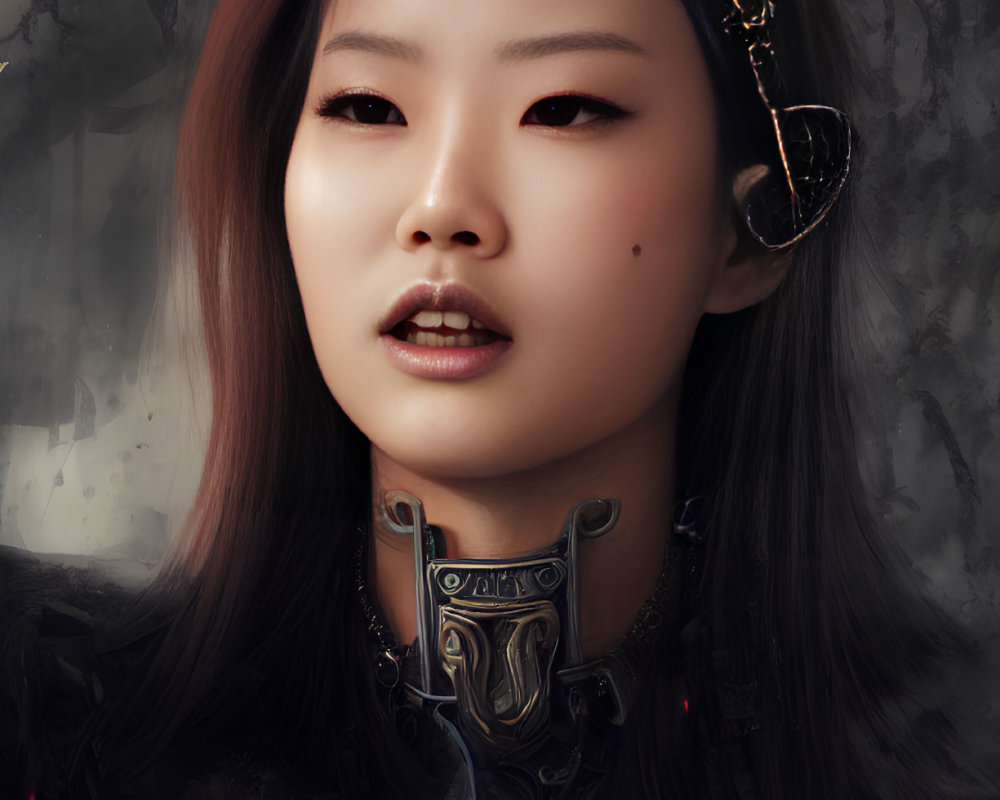 Digital Portrait: Asian Woman with Futuristic Earpiece and Metallic Collar