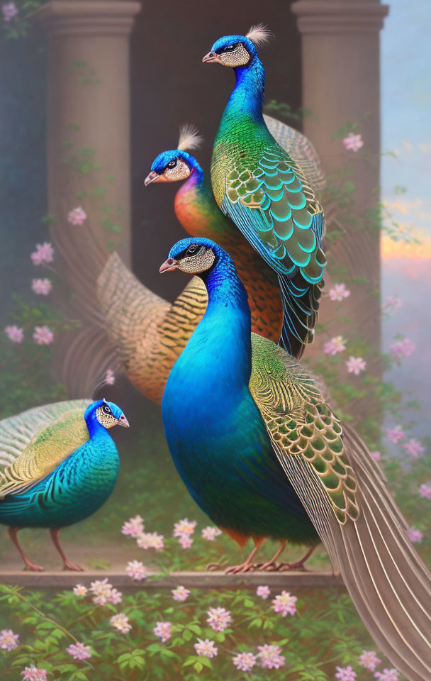 Vibrant peacocks with blue and green plumage in serene setting