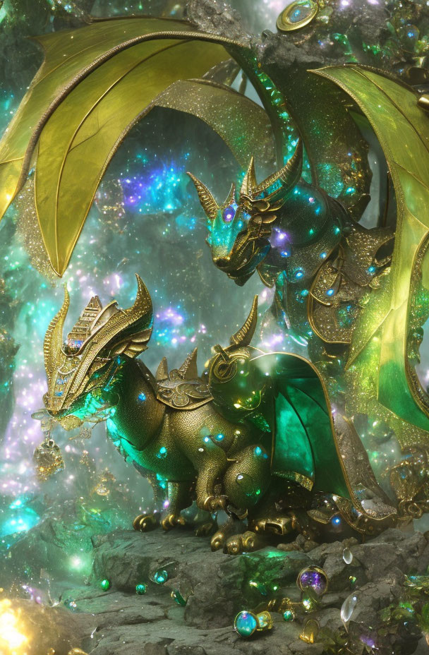 Majestic golden-green dragons with cosmic gems in background