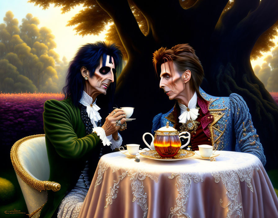 Stylized men in gothic makeup and 18th-century costumes in fantasy garden scene