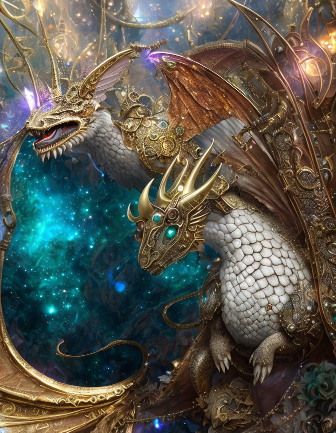 Detailed Golden-Accented Dragon in Cosmic Galaxy Setting