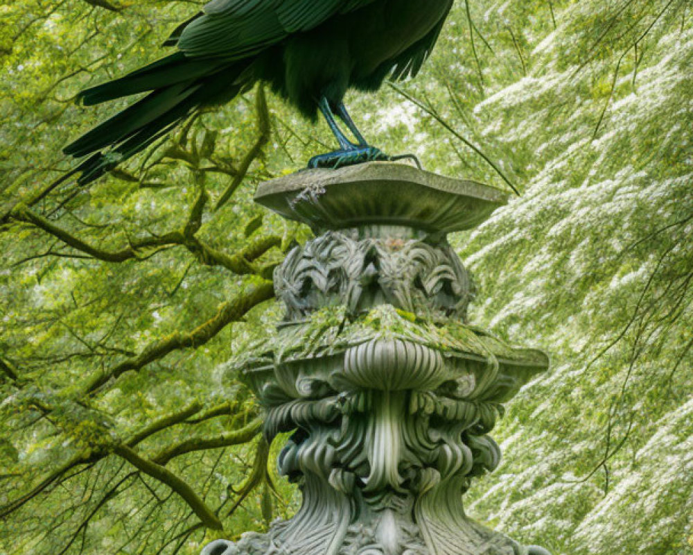 Black Raven Perched on Ornate Stone Pedestal in Green Foliage
