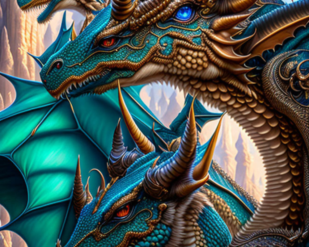 Three Majestic Blue Dragons with Prominent Horns and Scales Soar Among Rocky Cliffs