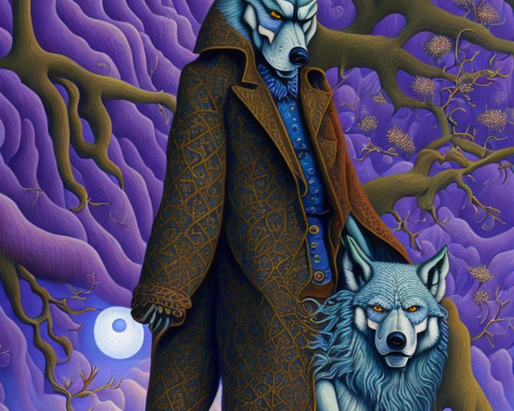 Anthropomorphic wolf in elegant attire surrounded by purple trees with secondary wolf head.