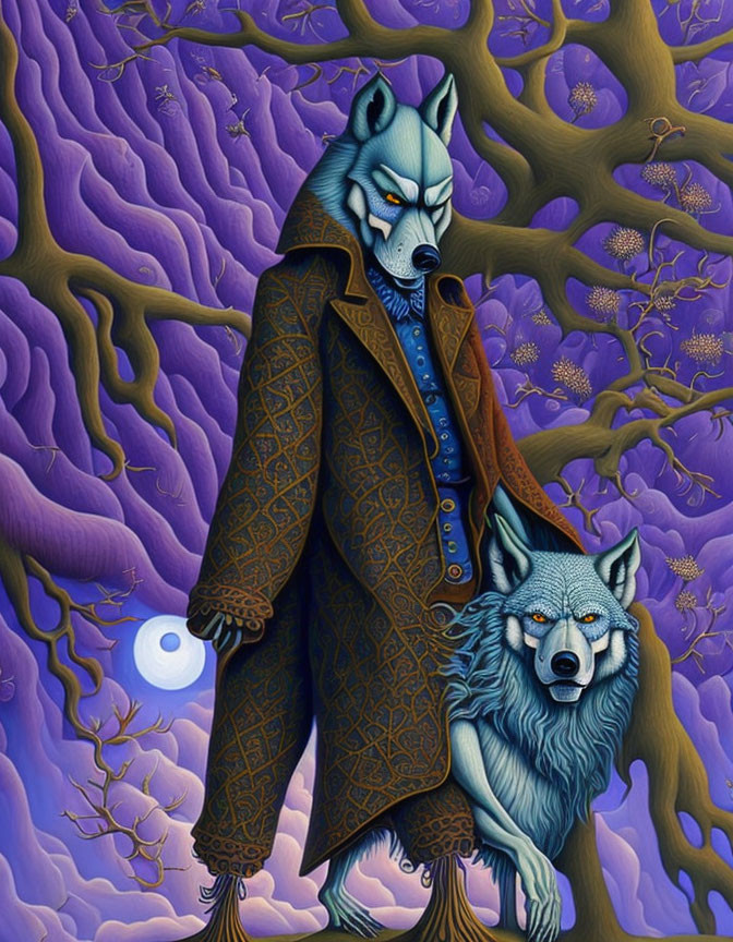 Anthropomorphic wolf in elegant attire surrounded by purple trees with secondary wolf head.