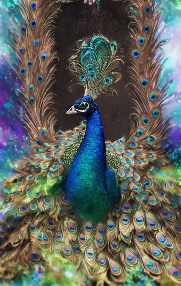 Colorful peacock displaying vibrant feathers in blues and greens