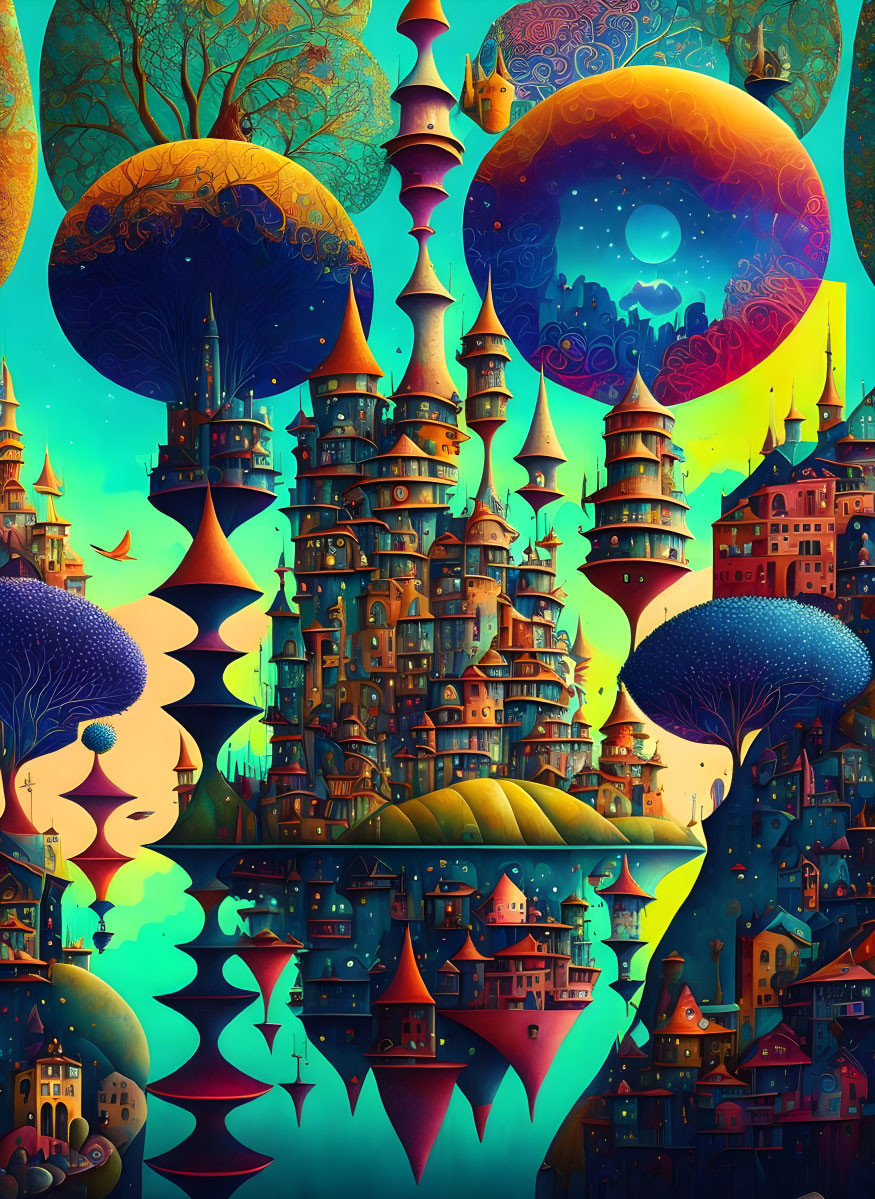 Fantastical landscape with whimsical castles and towering mushrooms