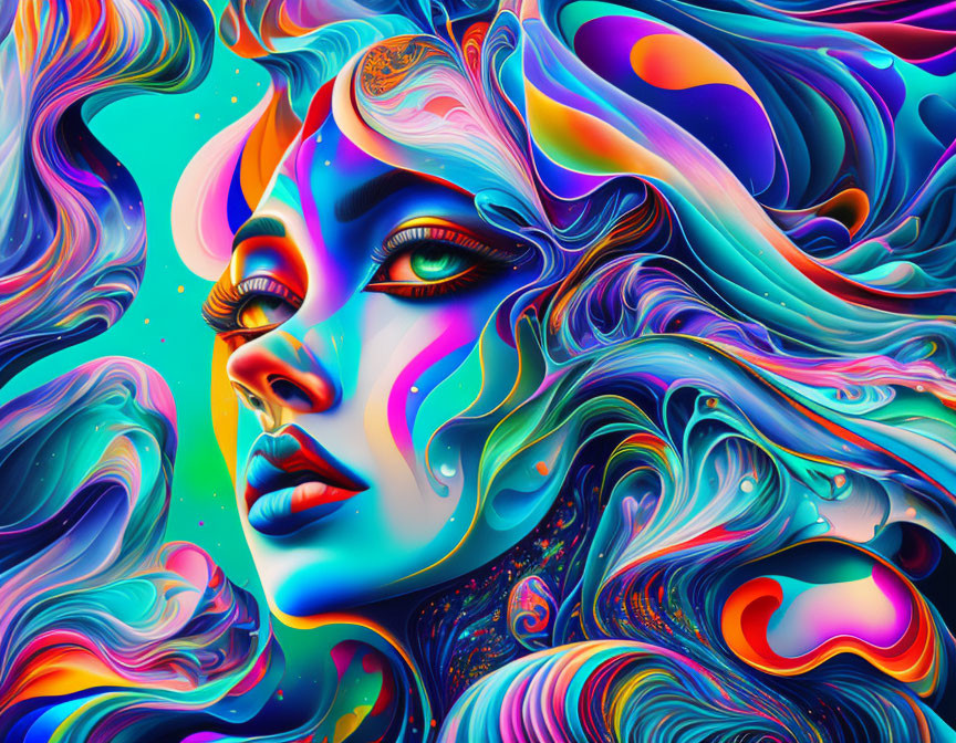 Colorful digital art: Woman's face with neon swirls