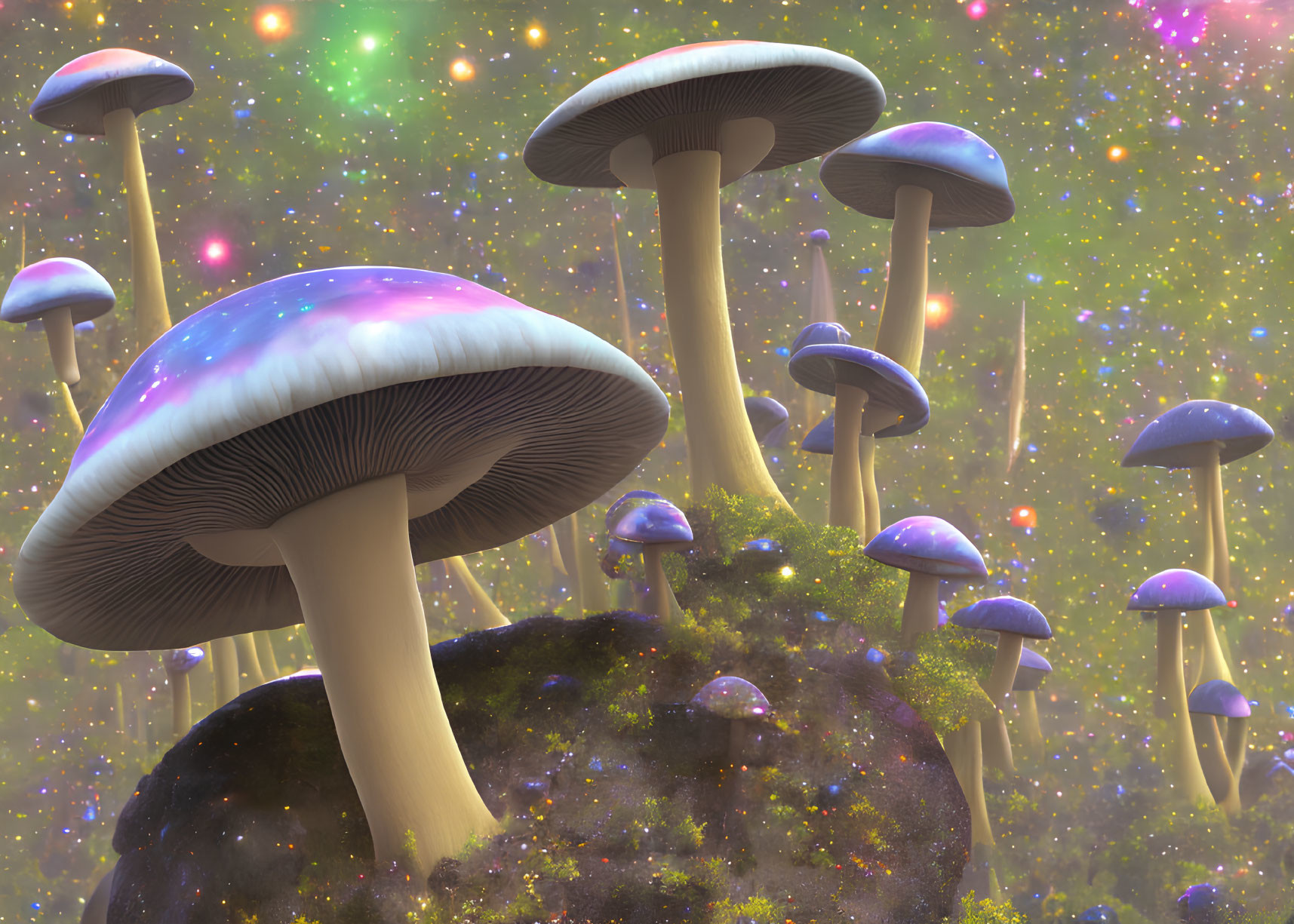 Oversized luminescent mushrooms in colorful cosmic landscape