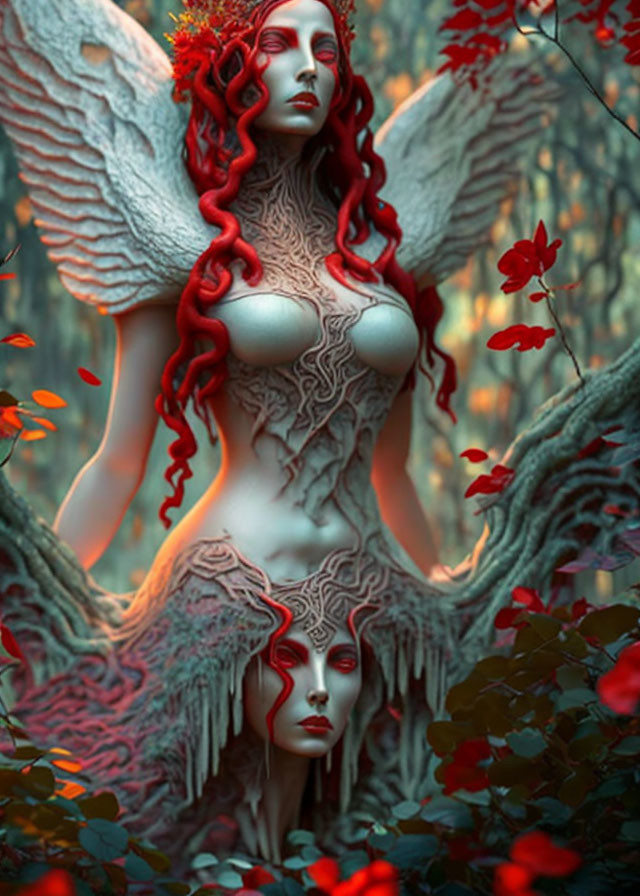 Fantastical red-haired female figure with angelic wings in lush forest