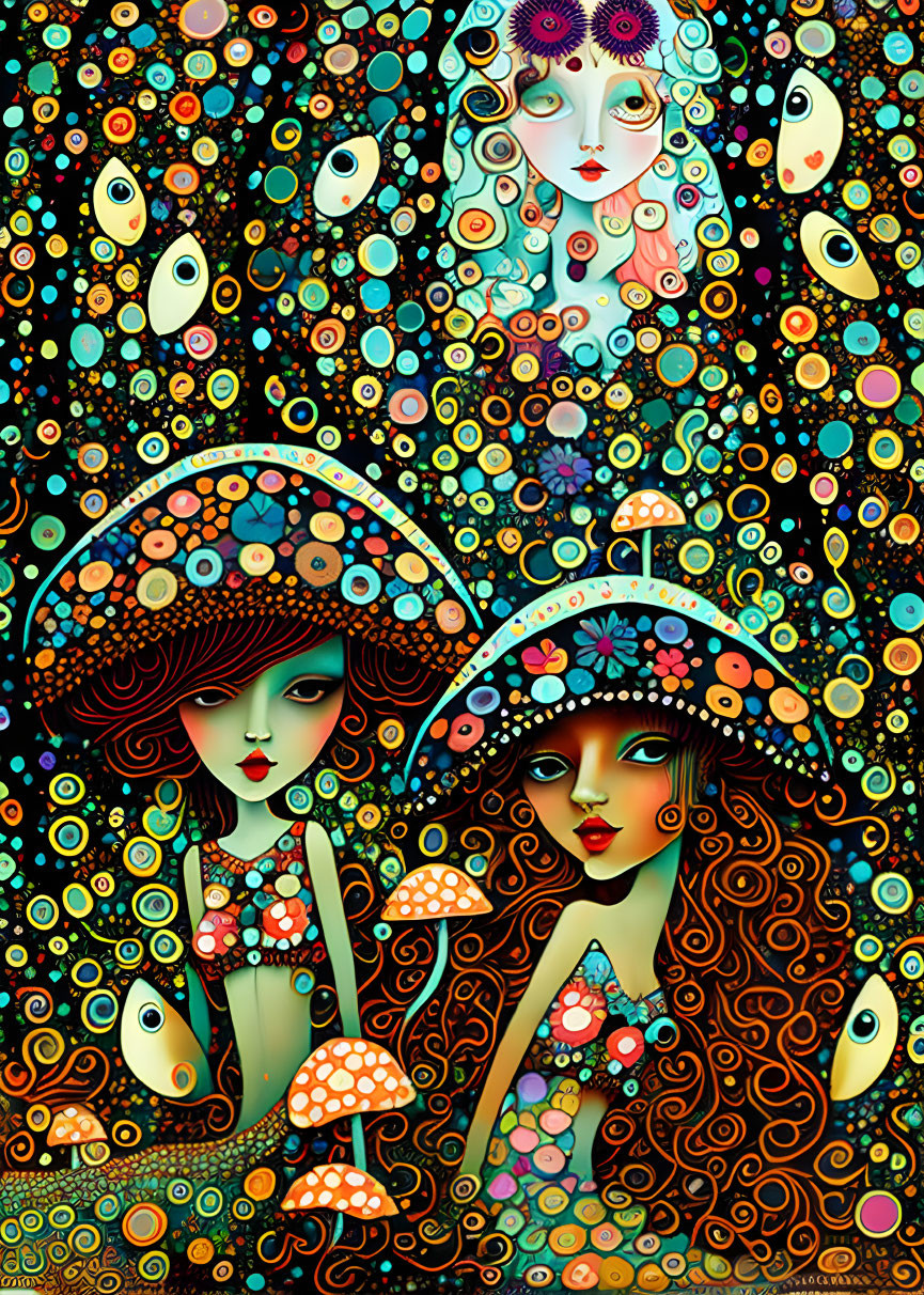 Colorful Psychedelic Artwork of Stylized Female Figures and Patterns