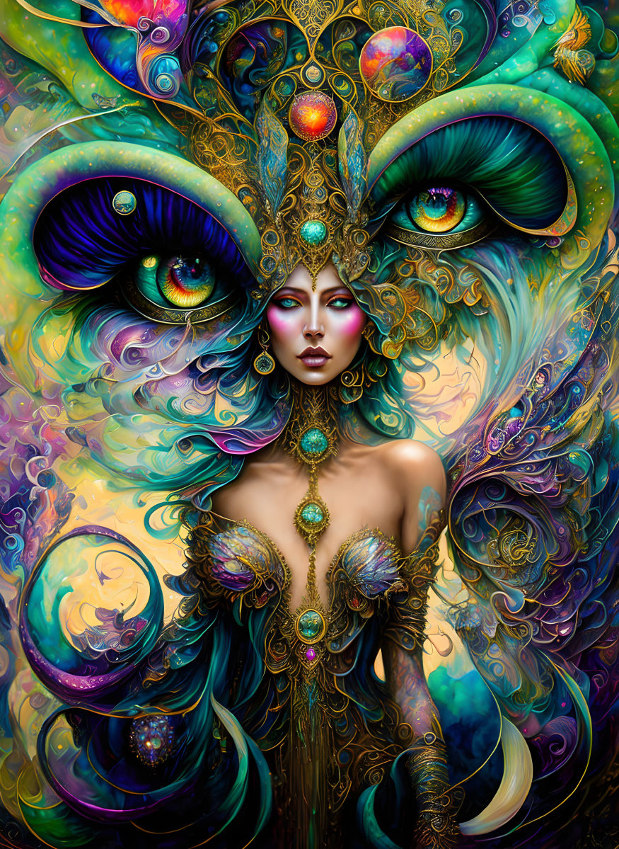 Colorful illustration of woman with peacock headdress and swirling patterns