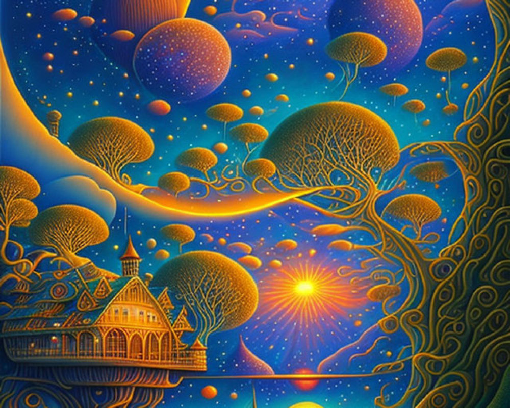 Colorful fantastical landscape with mushroom-like trees, celestial backdrop, ornate building, and sailing ship