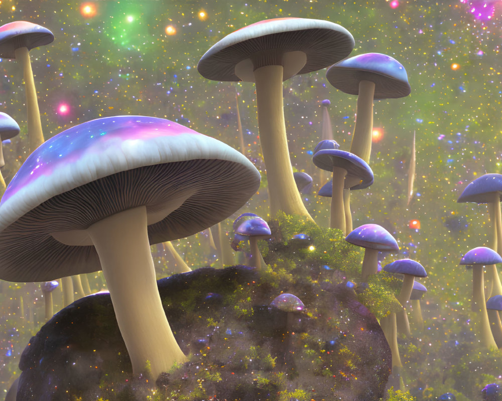 Oversized luminescent mushrooms in colorful cosmic landscape