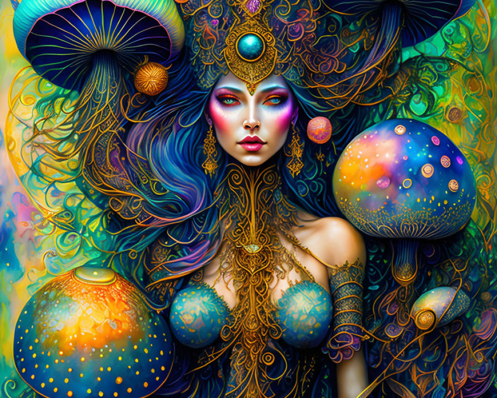 Colorful Woman Illustration with Psychedelic Patterns & Mushrooms