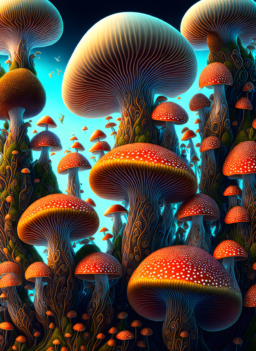Colorful digital artwork of glowing mushrooms under twilight sky