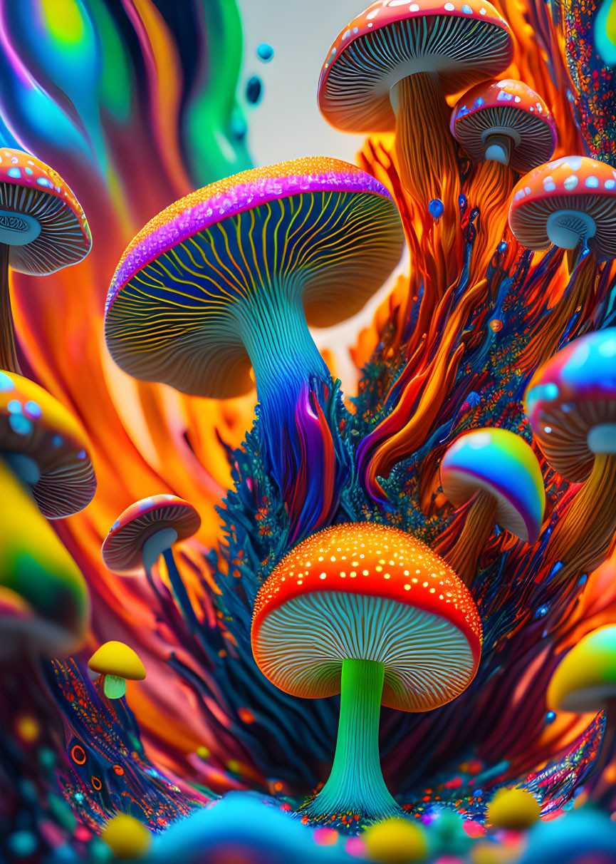 Colorful Psychedelic Mushroom Artwork with Glowing Edges