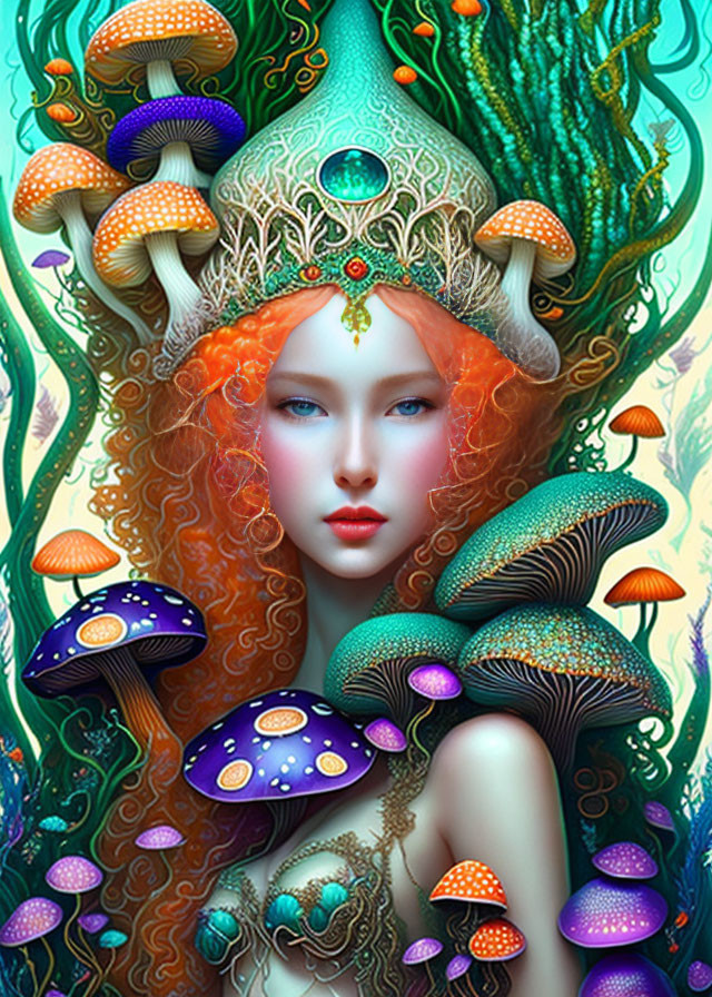 Vibrant red-haired woman with crown in fantastical forest scene