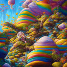 Colorful psychedelic forest with blue, orange, and purple mushrooms in surreal landscape