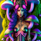 Colorful Artwork: Ethereal Faces with Ornate Headdresses and Psychedelic Mushrooms