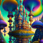 Fantastical landscape with whimsical castles and towering mushrooms