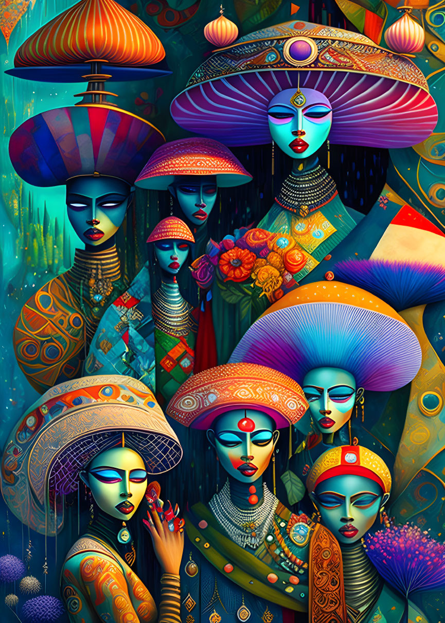 Colorful Artwork of Elegant Female Figures with Elaborate Headgear
