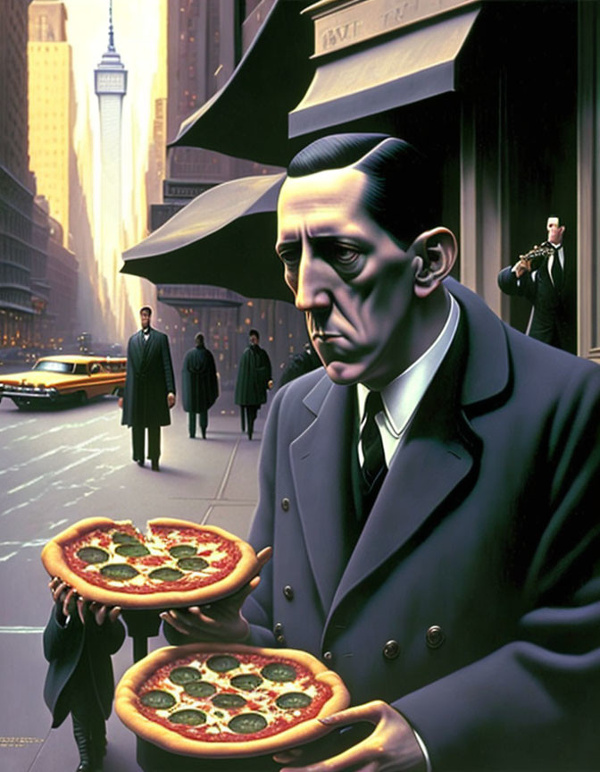 A famous horror writer is eating a pizza 