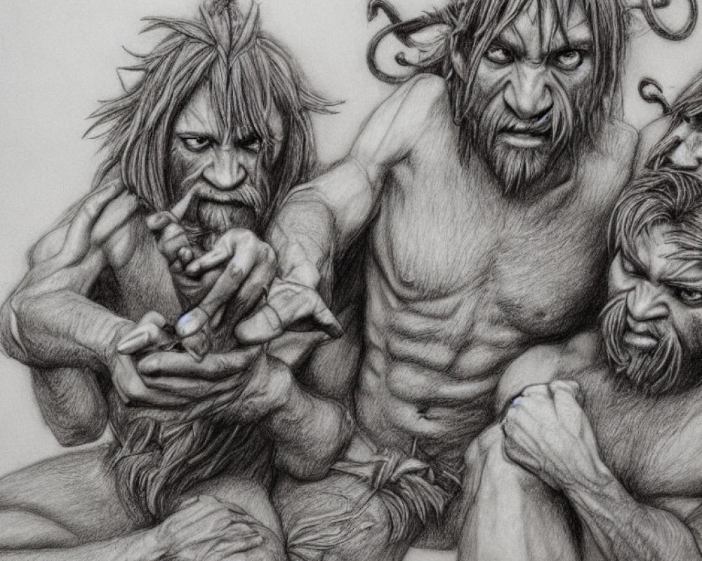 Intense fantasy characters with horns in pencil drawing