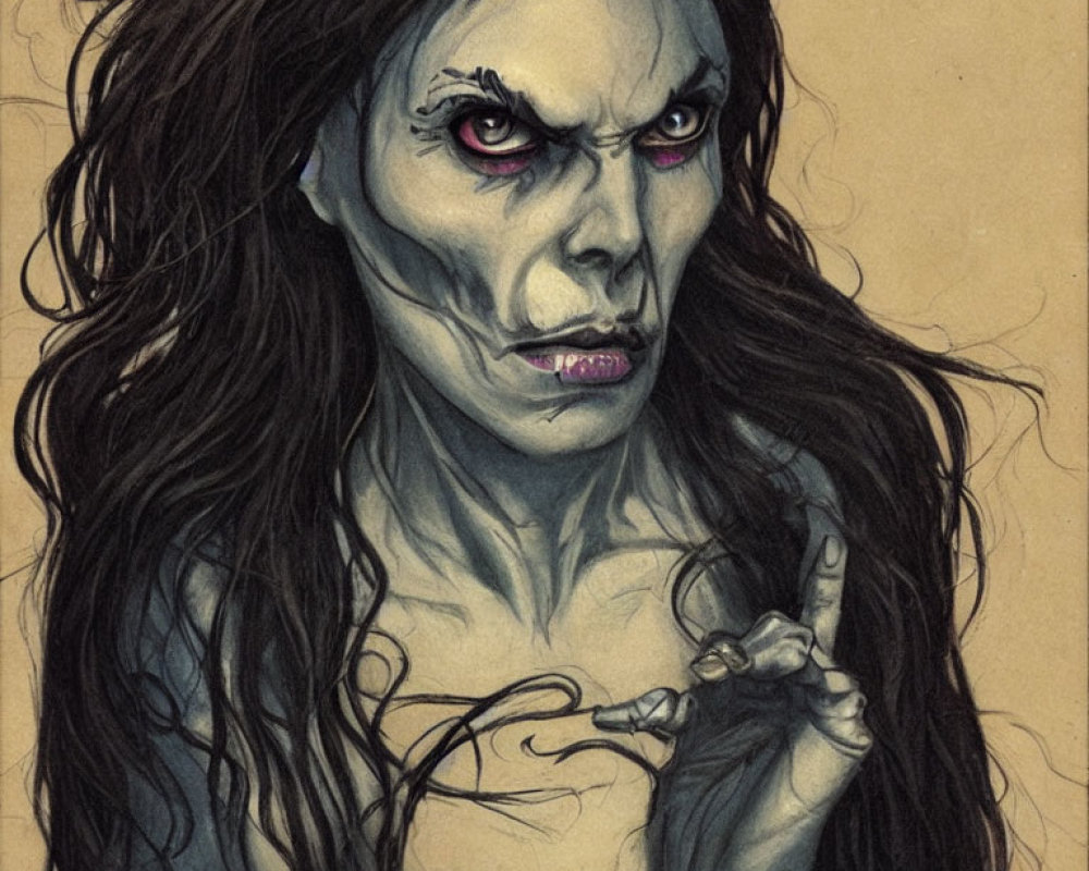 Menacing female creature with dark hair and red eyes illustration