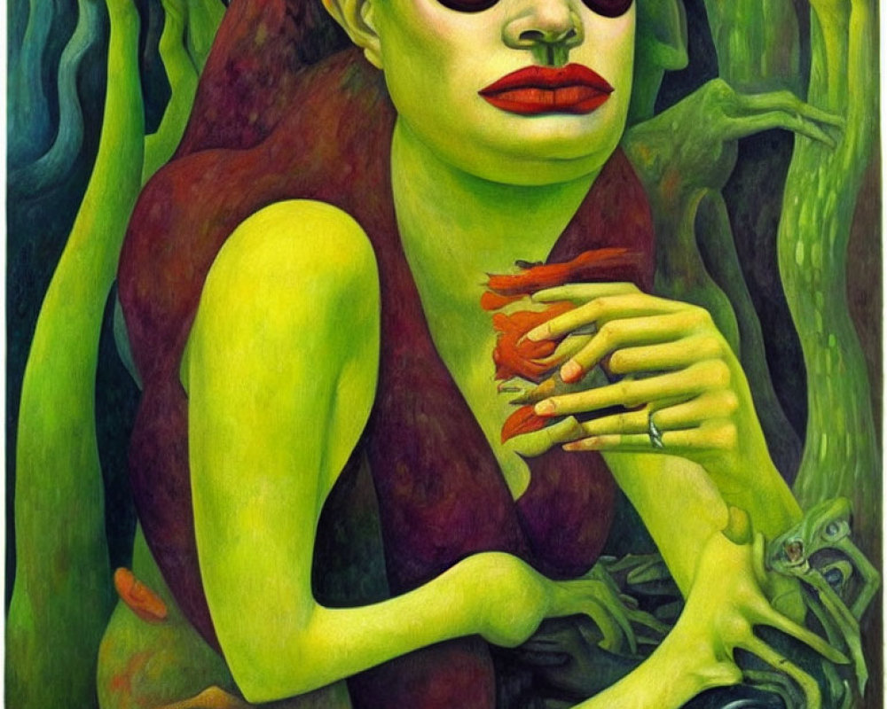 Surreal green-toned painting: Woman with red-rimmed eyes and elongated fingers