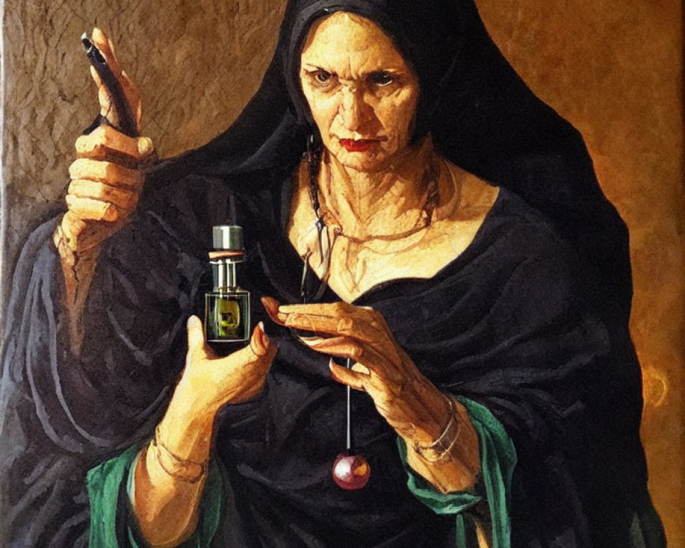Elderly woman in black cloak with bottle and dropper