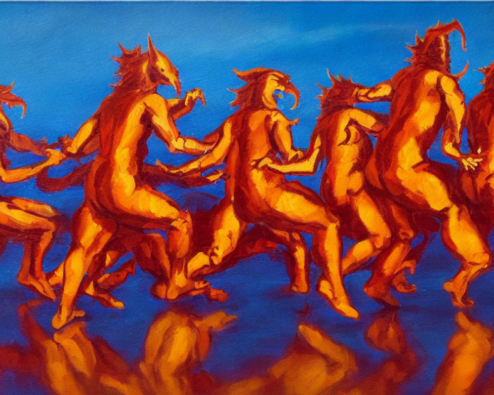 Anthropomorphic horse figures in red hues on blue background.