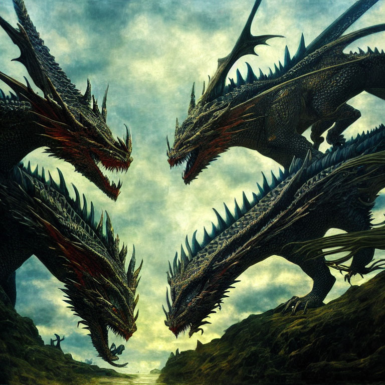 Three fierce dragons face off under stormy sky